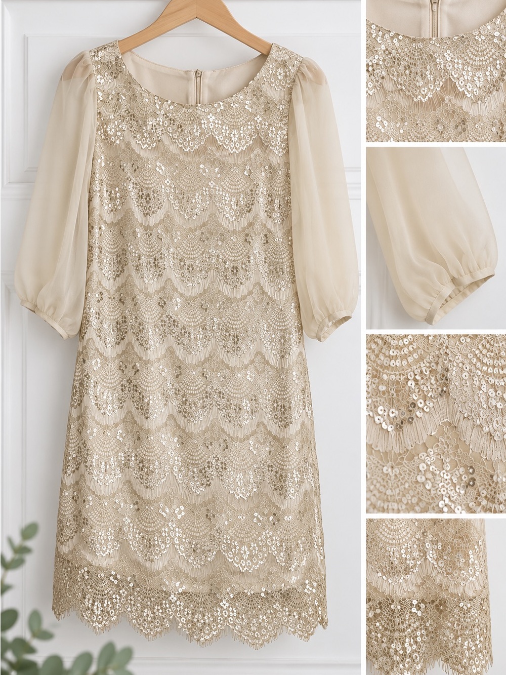 Umgee Elegant Ivory Lace Shift Dress with Sheer Puff Sleeves